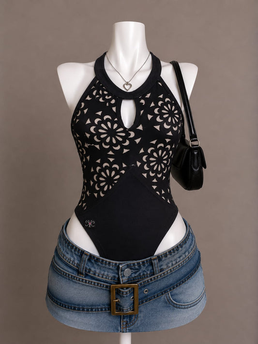 Black Laser-Cut Floral Halter Neck Keyhole Bodysuit