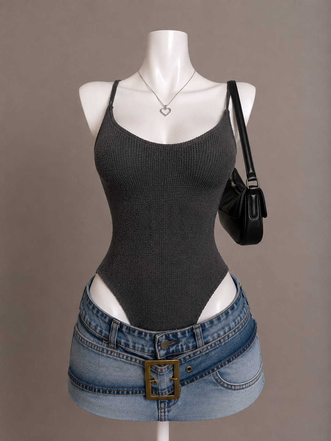 Dark Charcoal Ribbed Textured Scoop Neck Spaghetti Strap Bodysuit
