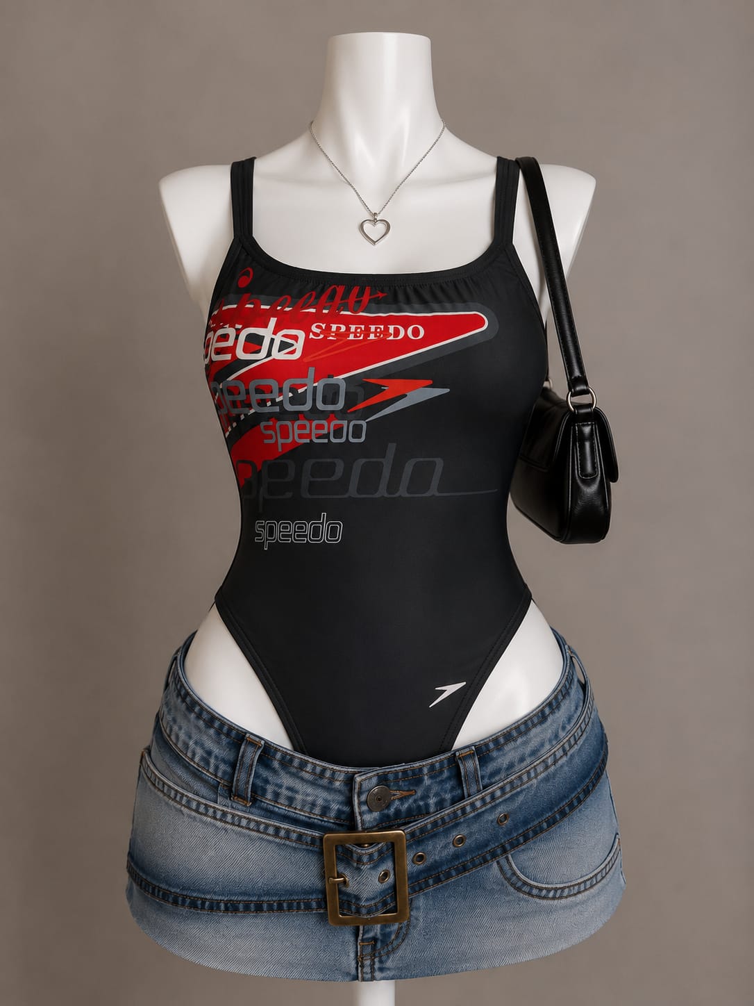 Black Speedo Logo Print Graphic Square Neck Bodysuit