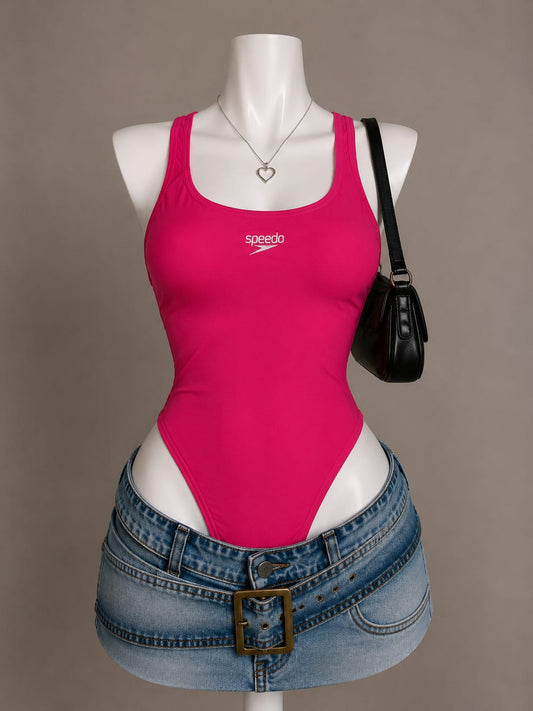 Hot Pink Speedo Logo Square Neck Sleeveless Bodysuit