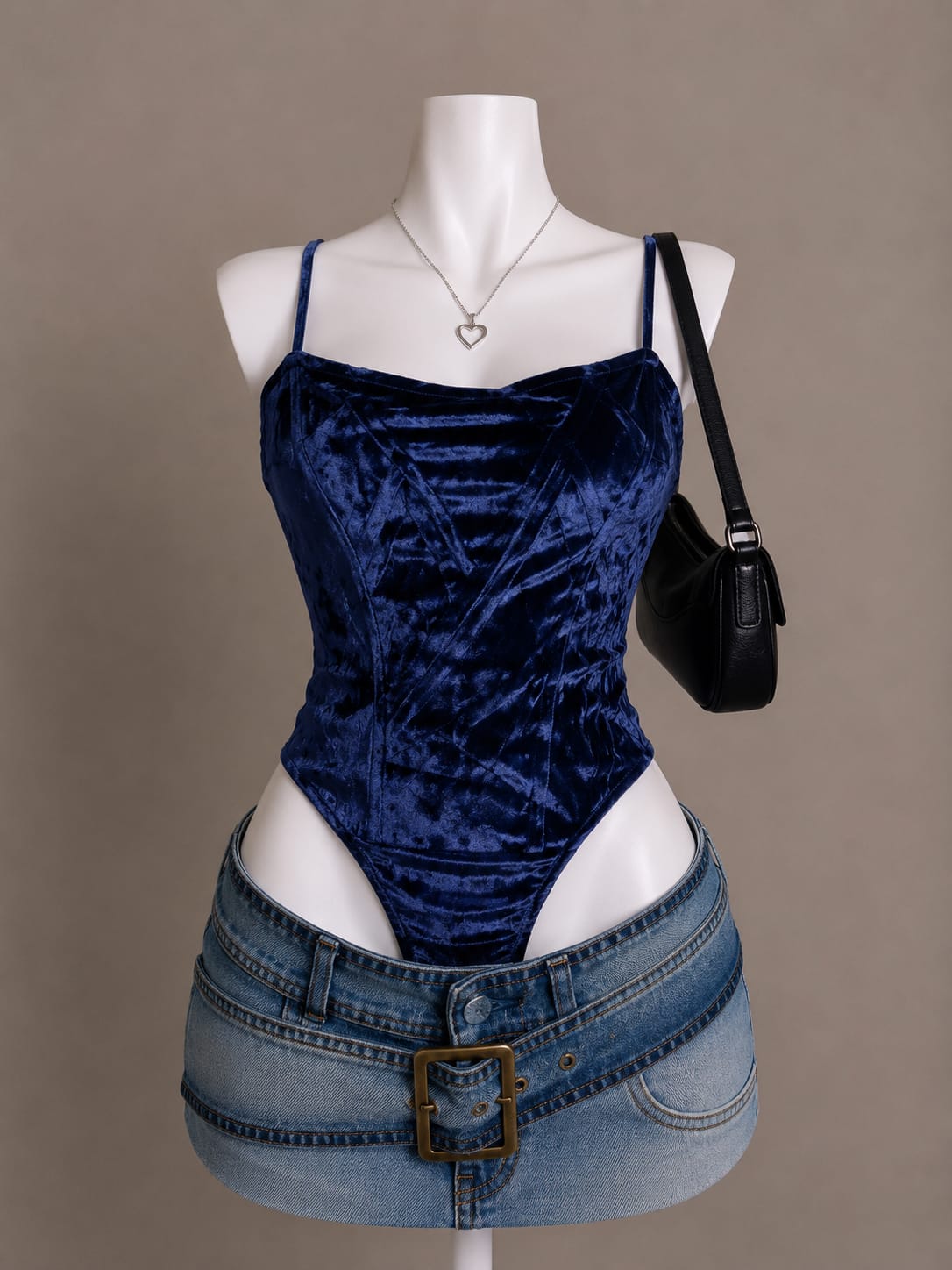 Navy Blue Crushed Velvet Corset-Style Ruched Spaghetti Strap Bodysuit
