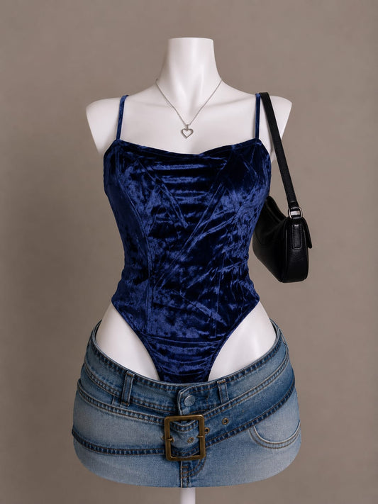 Navy Blue Crushed Velvet Corset-Style Ruched Spaghetti Strap Bodysuit