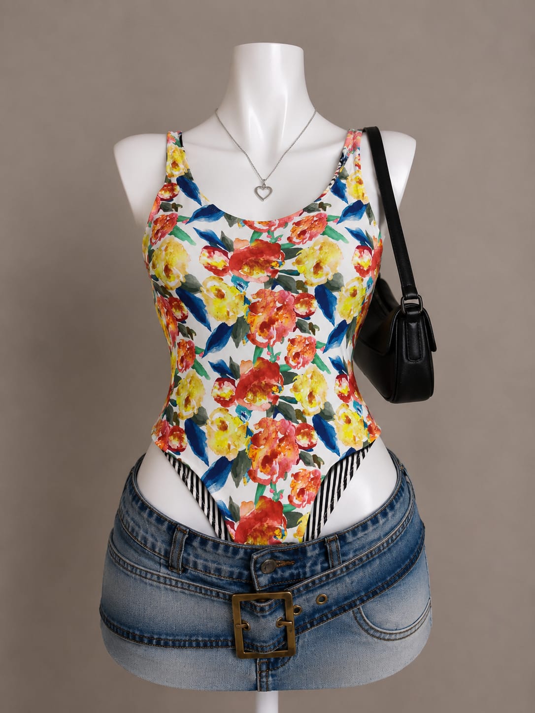 White Watercolor Floral Print Scoop Neck Tank Bodysuit