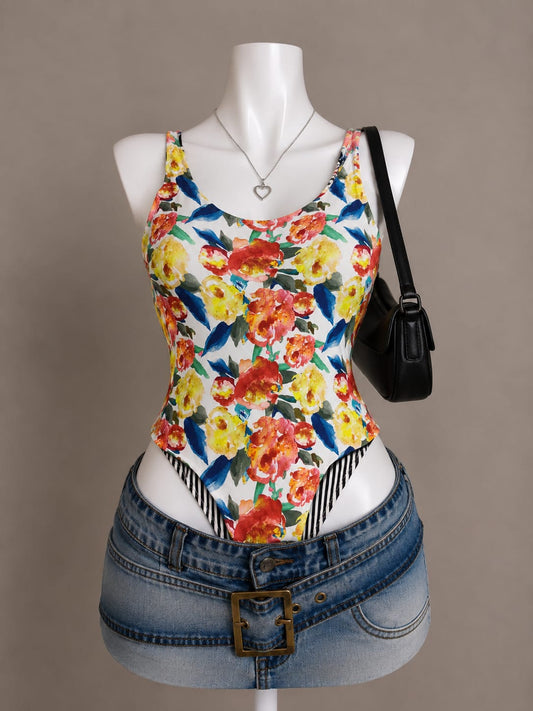 White Watercolor Floral Print Scoop Neck Tank Bodysuit