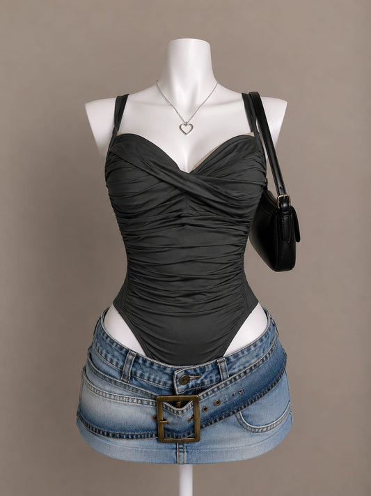Dark Grey Ruched Sweetheart Bodysuit