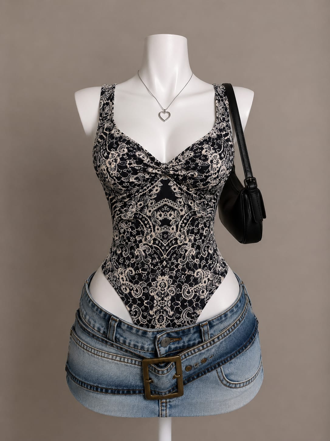 Black Paisley Print V-Neck Bodysuit