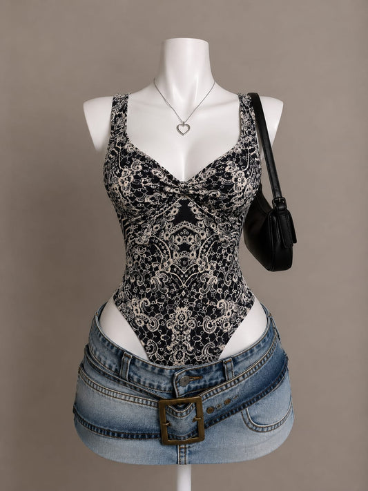 Black Paisley Print V-Neck Bodysuit