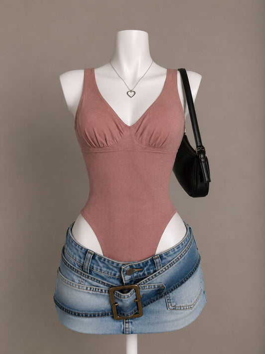 Dusty Rose V-Neck Ruched Bodysuit