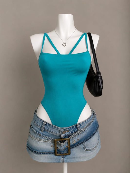 Teal Square Neck Double Strap Bodysuit