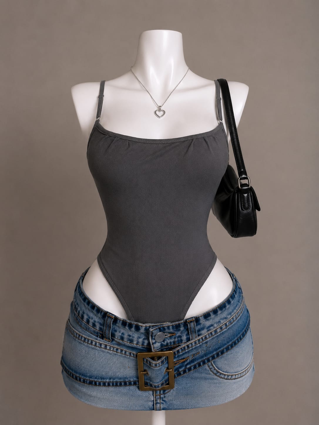 Dark Grey Ribbed Square Neck Bodysuit