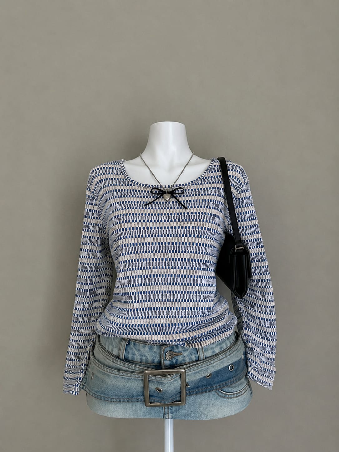 Blue and White Striped Knit Long Sleeve Top