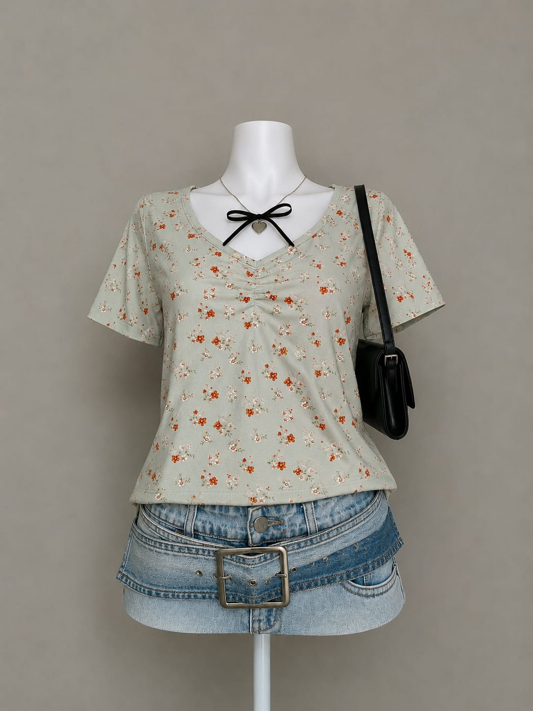 Sage Green Floral Print Ruched V-Neck Short Sleeve Top