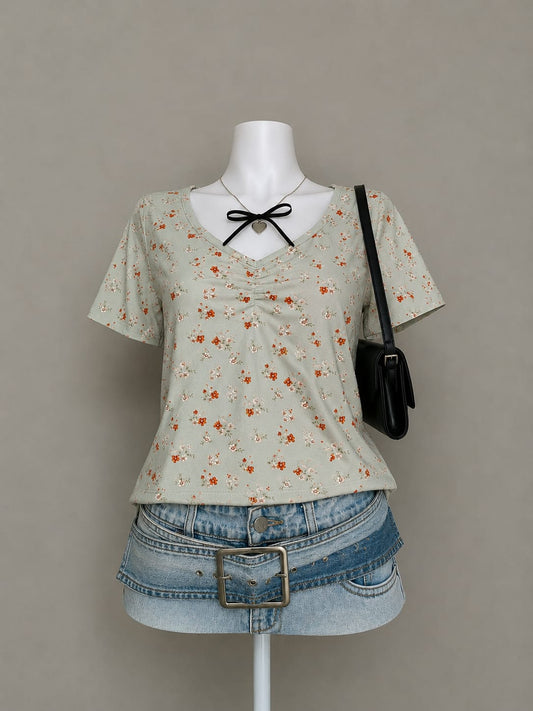 Sage Green Floral Print Ruched V-Neck Short Sleeve Top