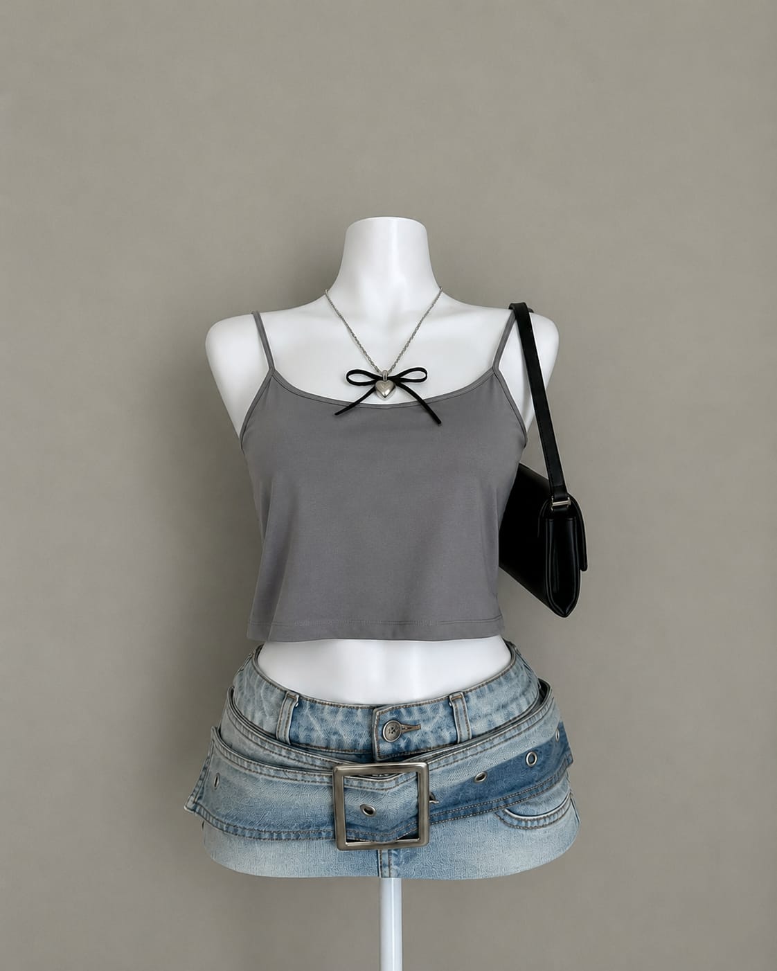 Grey Fitted Spaghetti Strap Crop Cami Top