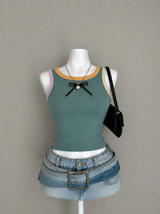 Teal Ribbed Colour Block Fitted Tank Top