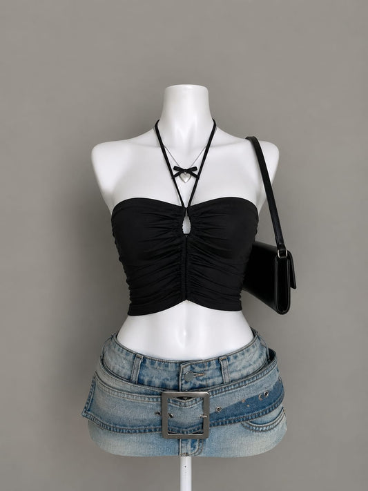 Black Ruched Halter Neck Crop Top