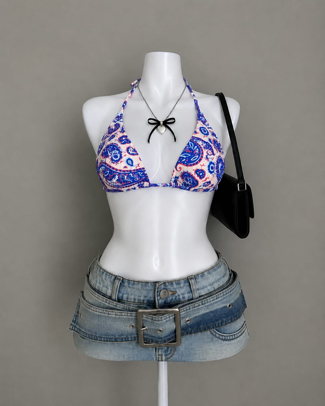 Blue Paisley Print Halter Neck Triangle Crop Top