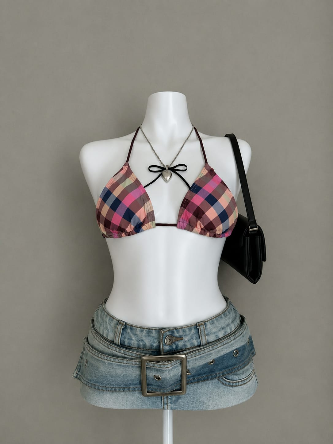 Pink & Navy Plaid Check Halter Neck Triangle Crop Top