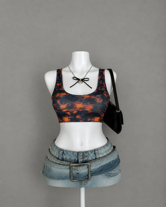 Navy & Orange Tie-Dye Print Fitted Crop Tank Top