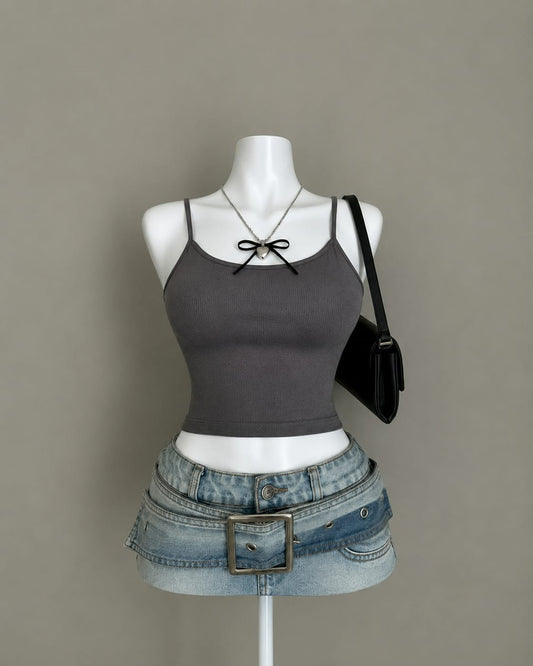 Charcoal Grey Ribbed Spaghetti Strap Fitted Cami Top