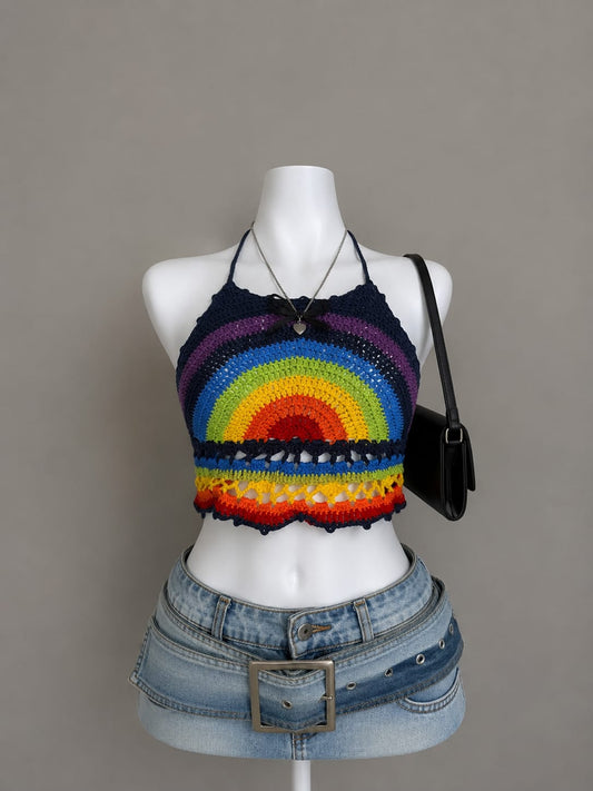 Rainbow Crochet Halter Neck Crop Top