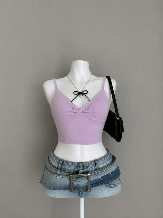 Lavender Twisted Knot Front V-Neck Spaghetti Strap Crop Top