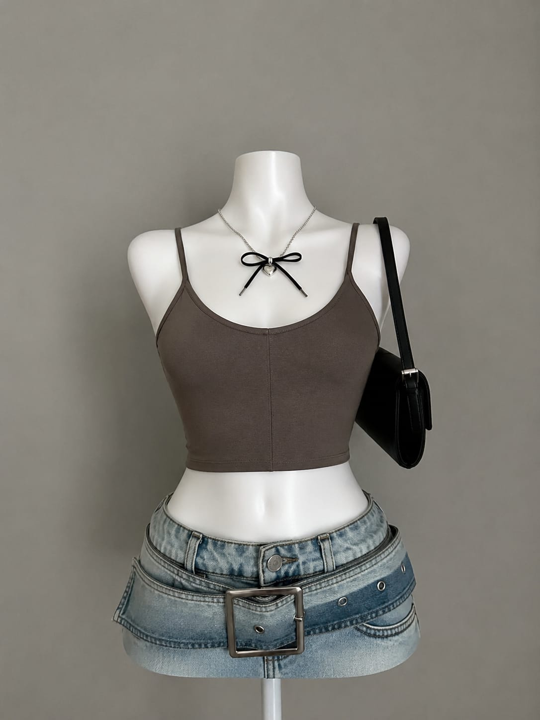Mocha Brown Fitted Spaghetti Strap Cami Crop Top