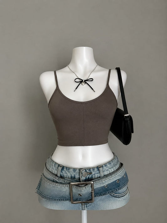 Mocha Brown Fitted Spaghetti Strap Cami Crop Top