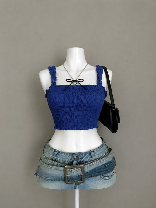 Royal Blue Smocked Square Neck Ruffle Strap Crop Top