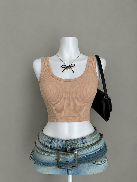 Camel Ribbed Scoop Neck Fitted Crop Tank Top