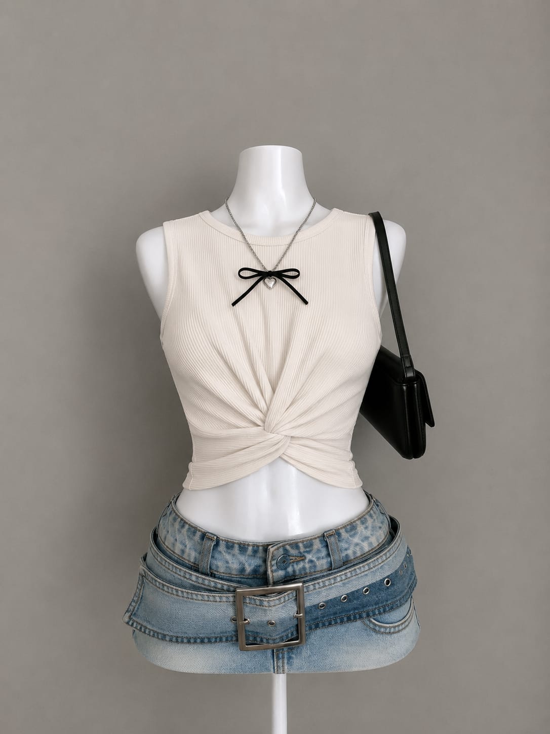 Cream Ribbed Twisted Knot Front Crop Top