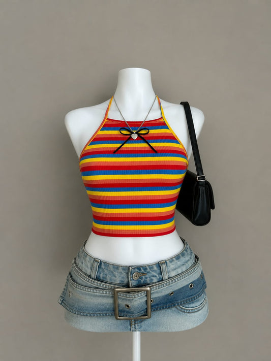 Rainbow Striped Halter Crop Top with Bow Detail