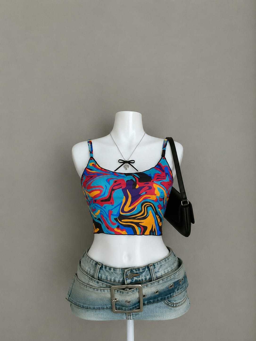 Abstract Swirl Print Cami Crop Top – Spaghetti Straps Fitted
