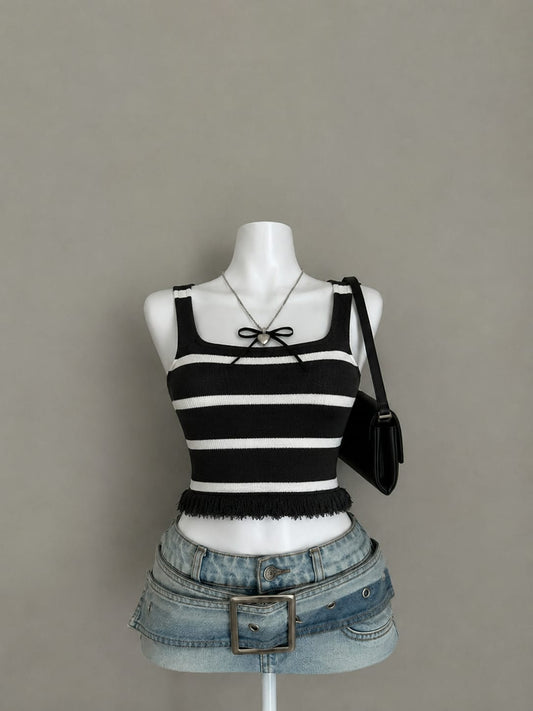 Black & White Striped Knit Cami Crop Top with Fringe Hem