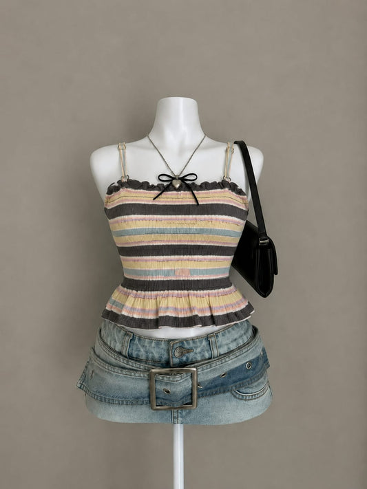 Multicolor Striped Smocked Cami Crop Top with Ruffle Neckline