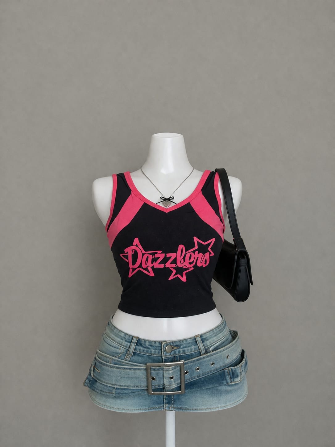 Dazzlers Varsity Graphic Crop Tank Top – Black & Hot Pink V-Neck Fitted