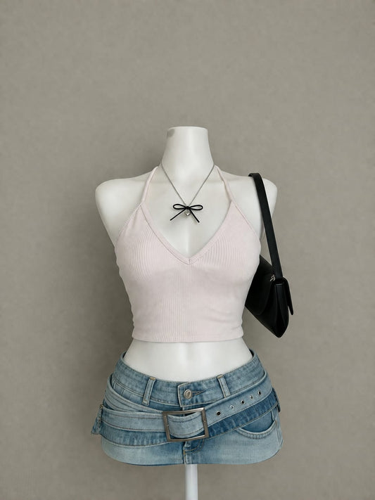 Light Pink Ribbed Halter Crop Top – V-Neck Halter Tie Fitted