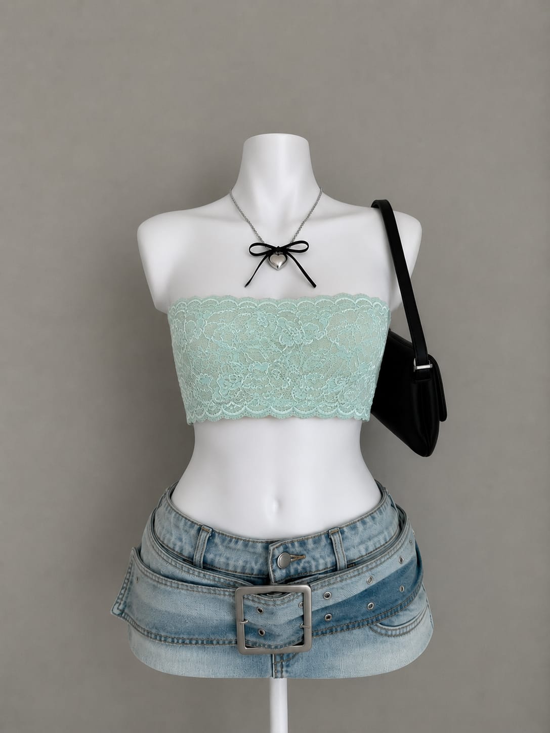 Mint Green Floral Lace Bandeau Crop Top – Strapless Scallop Edge Fitted