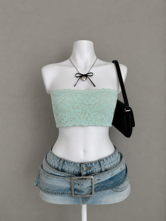 Mint Green Floral Lace Bandeau Crop Top – Strapless Scallop Edge Fitted