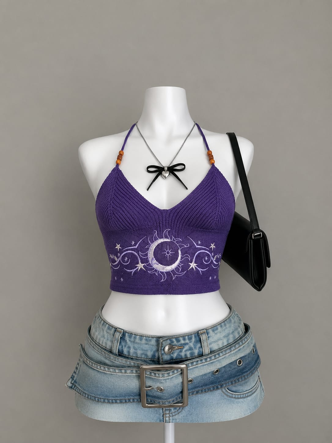 Purple Celestial Moon Embroidery Halter Crop Top – V-Neck Bead Tie Fitted