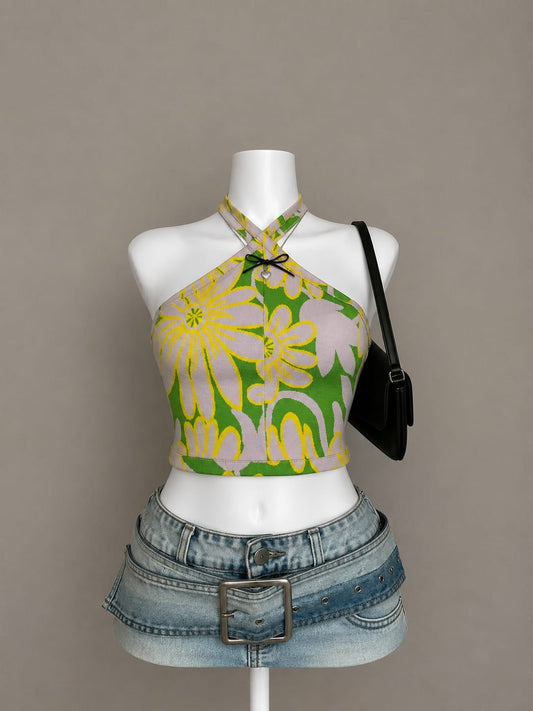 Green Floral Halter Neck Crop Top