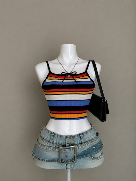 Multicolor Striped Ribbed Spaghetti Strap Crop Top
