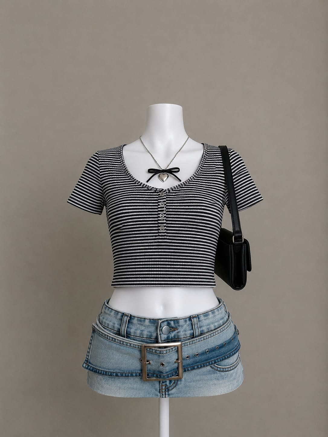 Black & White Striped Ribbed Button Crop Top