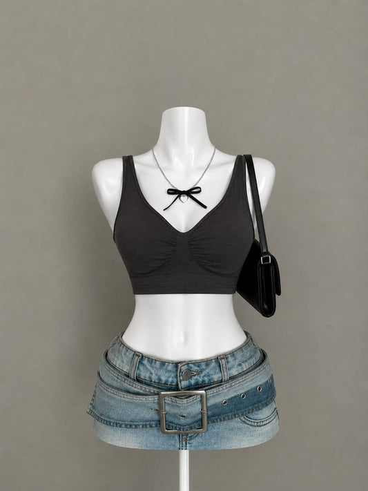 Black V-Neck Ruched Crop Top