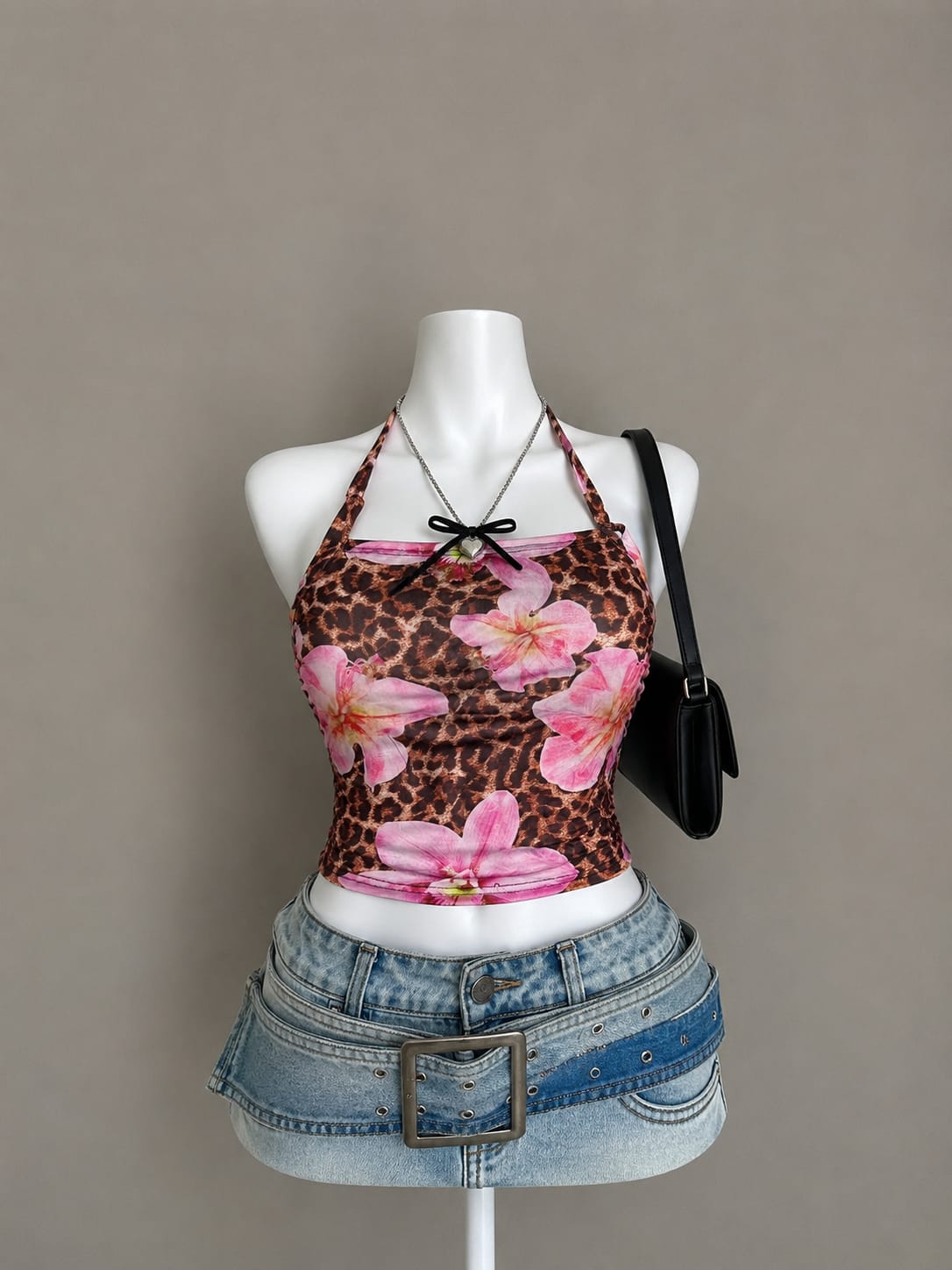 Brown Leopard & Pink Floral Halter Neck Crop Top