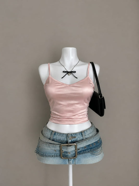 Baby Pink Satin Spaghetti Strap Cami Crop Top