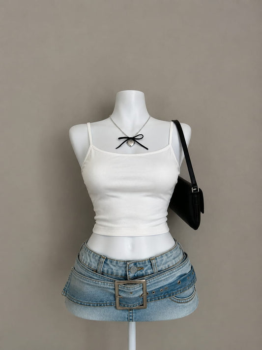 White Ribbed Spaghetti Strap Cami Crop Top