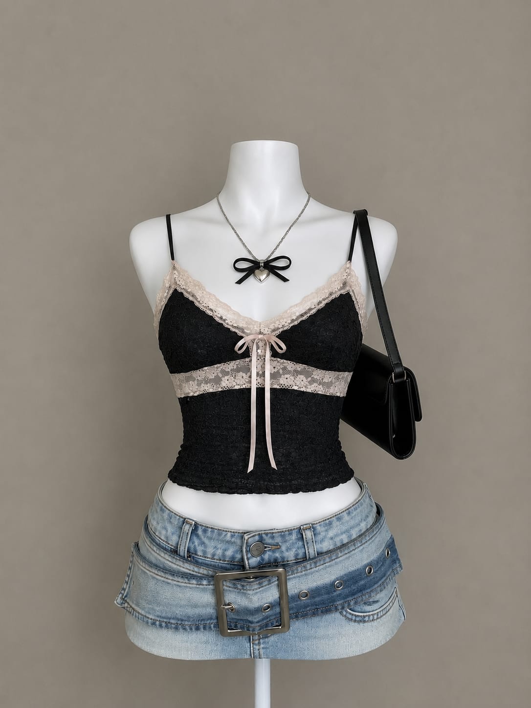 Black Lace Cami Crop Top with Cream Ribbon Tie