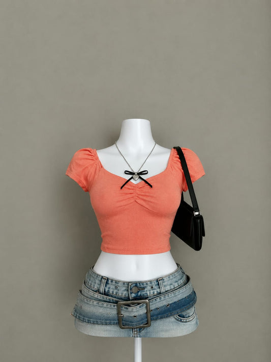 Coral Ribbed Puff Sleeve Ruched Front Crop Top