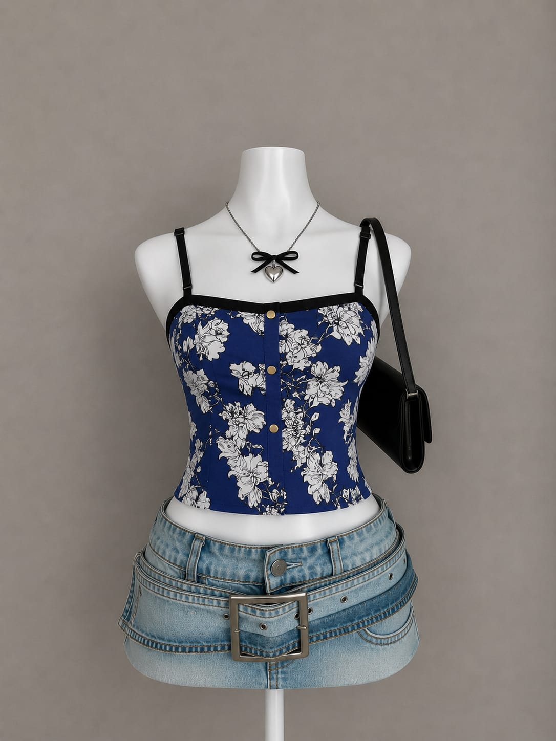 Navy Blue Floral Print Snap Button Cami Crop Top